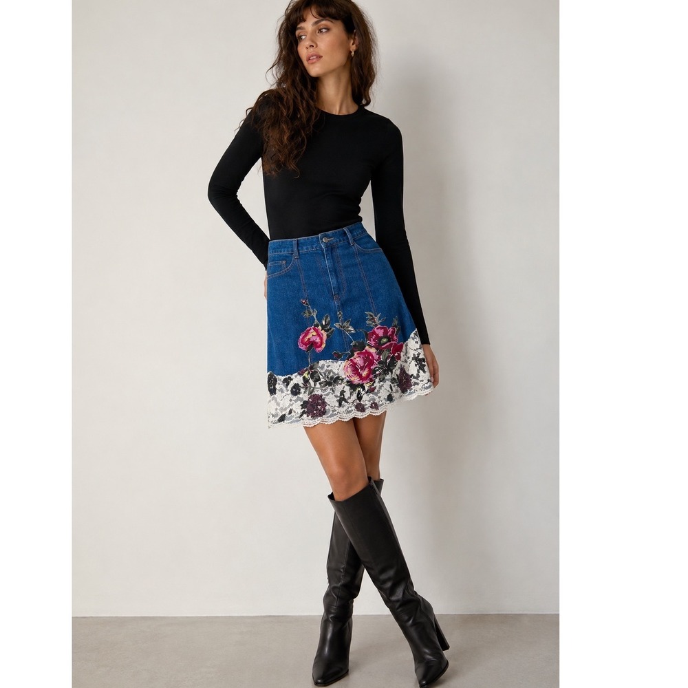 Monroe & Main Denim Skirt Womens L Blue Floral Lace Hem Cottagecore Boho BT